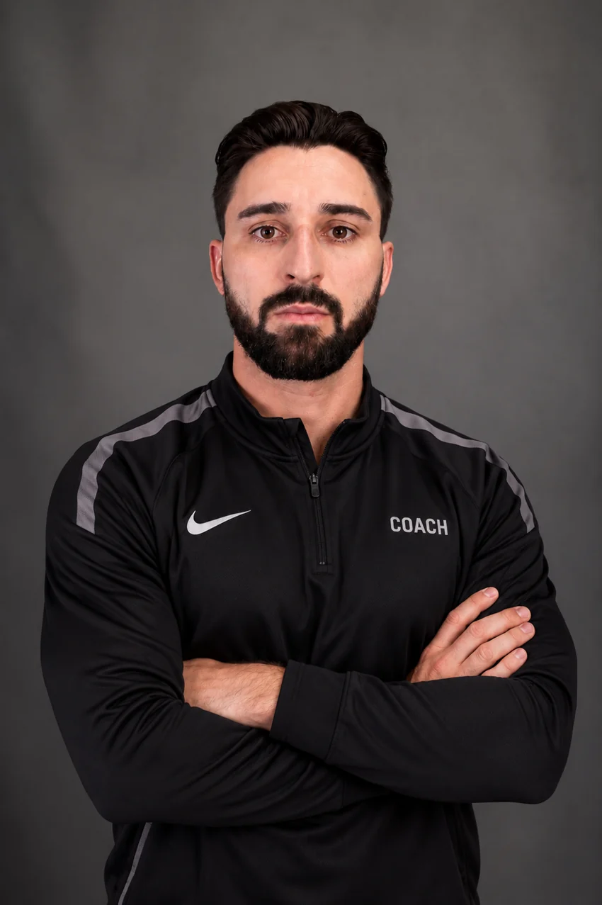 O coach PD com agasalho esportivo preto de treinador e braços cruzados